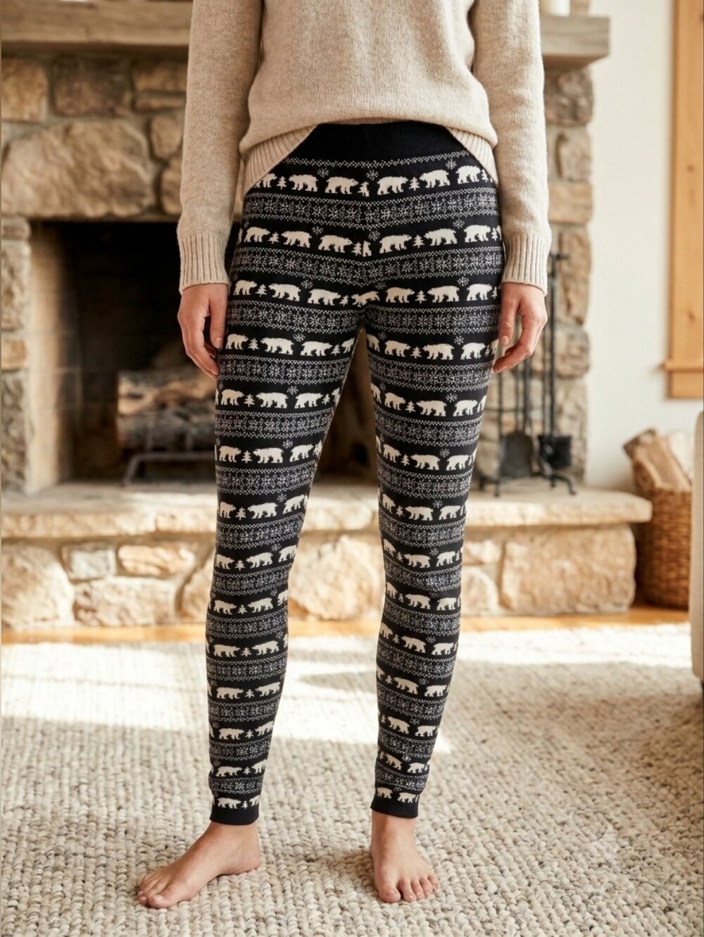 Black & White Polar Bear Fair Isle Knit Thick Warm Sweater Leggings Pants Large